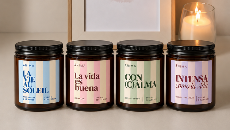 Spring Collection de ÁNIMA con cuatro velas aromáticas en frascos ámbar