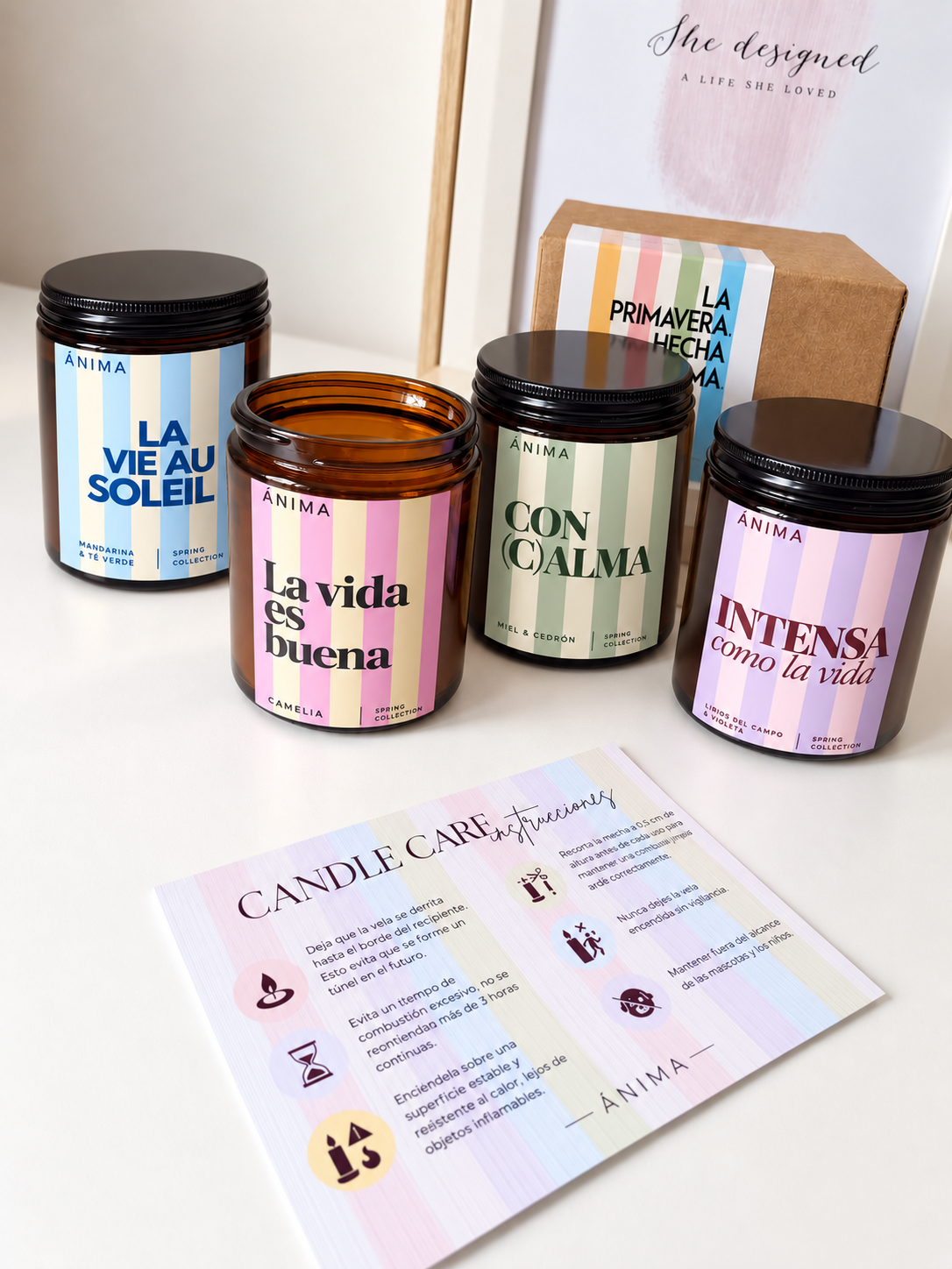 Cuatro velas Spring Collection de ÁNIMA con guía de cuidados